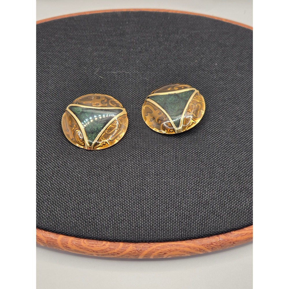 Vintage Gold Tone Round Clip On Earrings Amber Resin Green Triangle Inlay